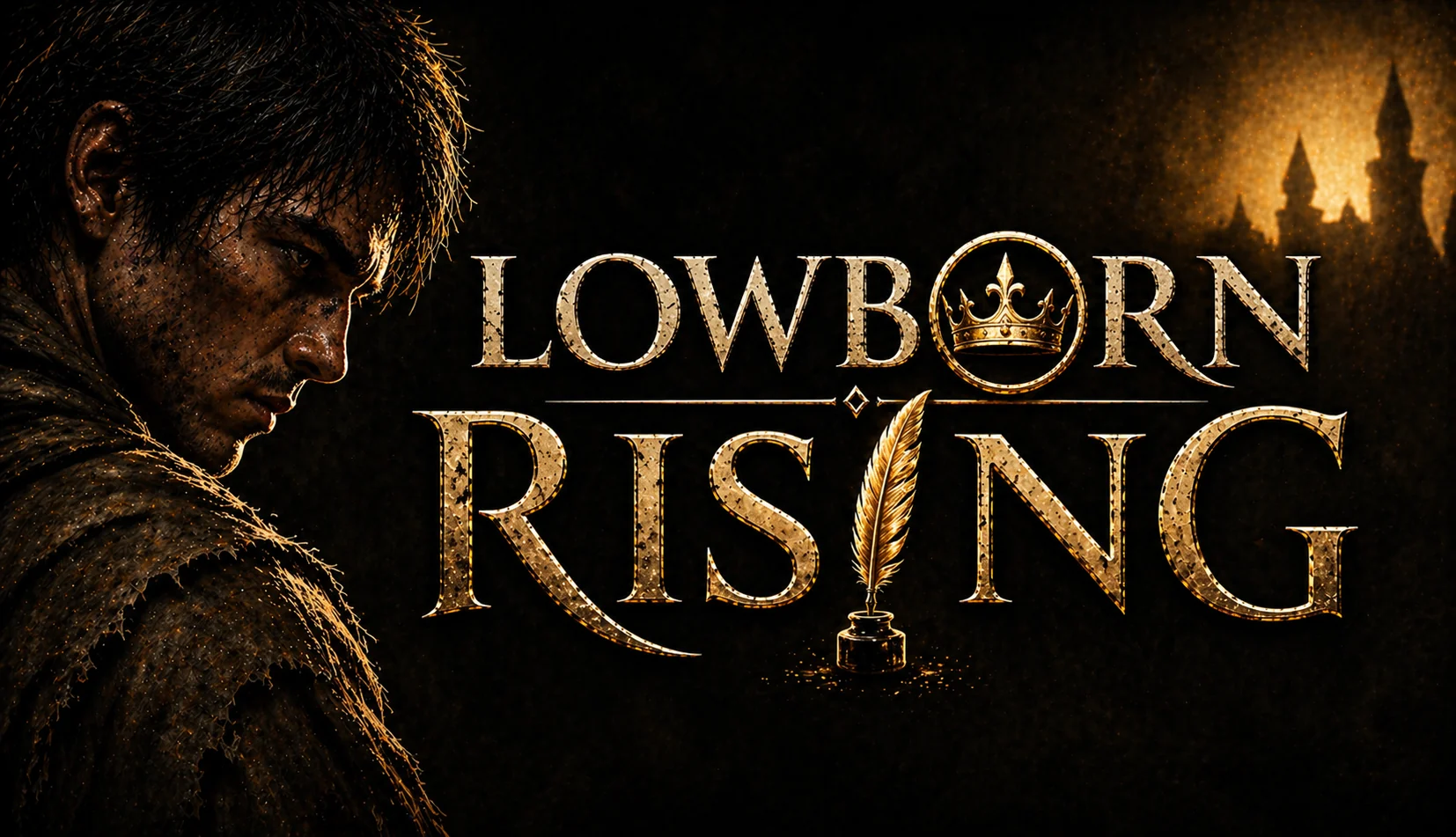 Lowborn Rising cover art showing a dirt-streaked lowborn man beside a crown, quill, and distant castle