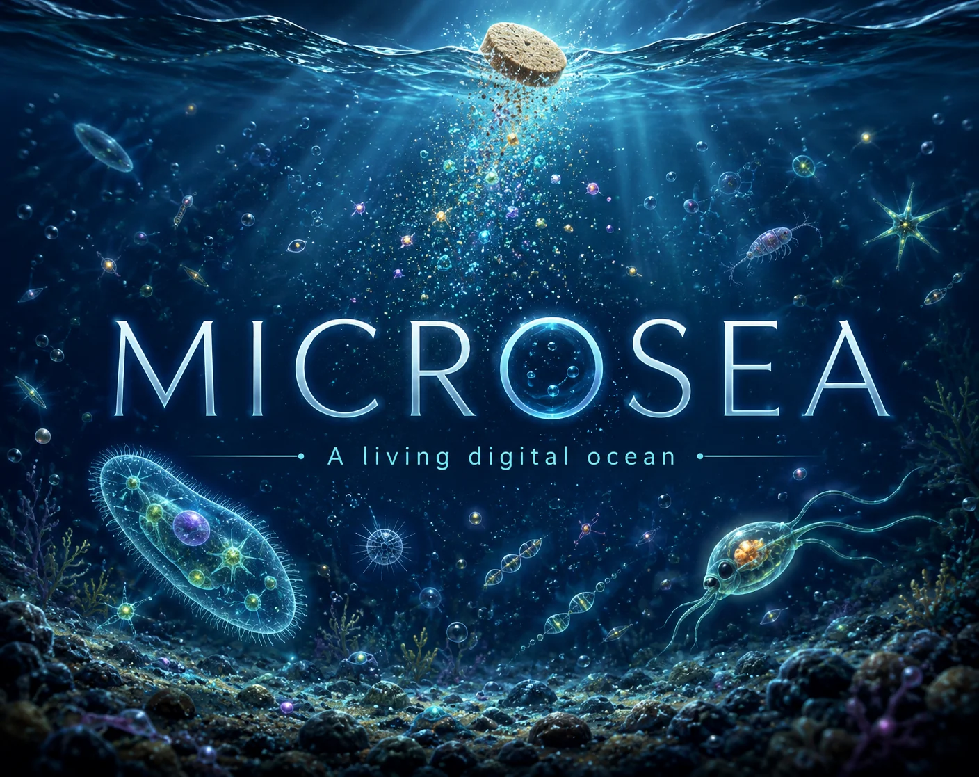 Microsea cover art showing microscopic organisms surrounding a dissolving food tablet in a luminous digital ocean