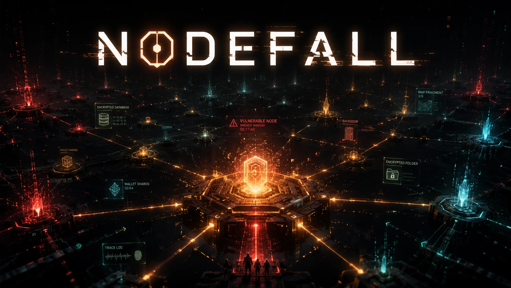 Nodefall cover art showing a glowing network of interconnected systems in a dark digital underworld