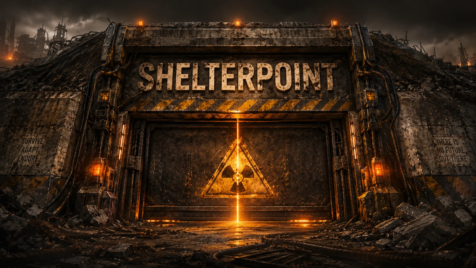 Shelterpoint cover art showing a fortified post-nuclear shelter entrance glowing amid a ruined landscape
